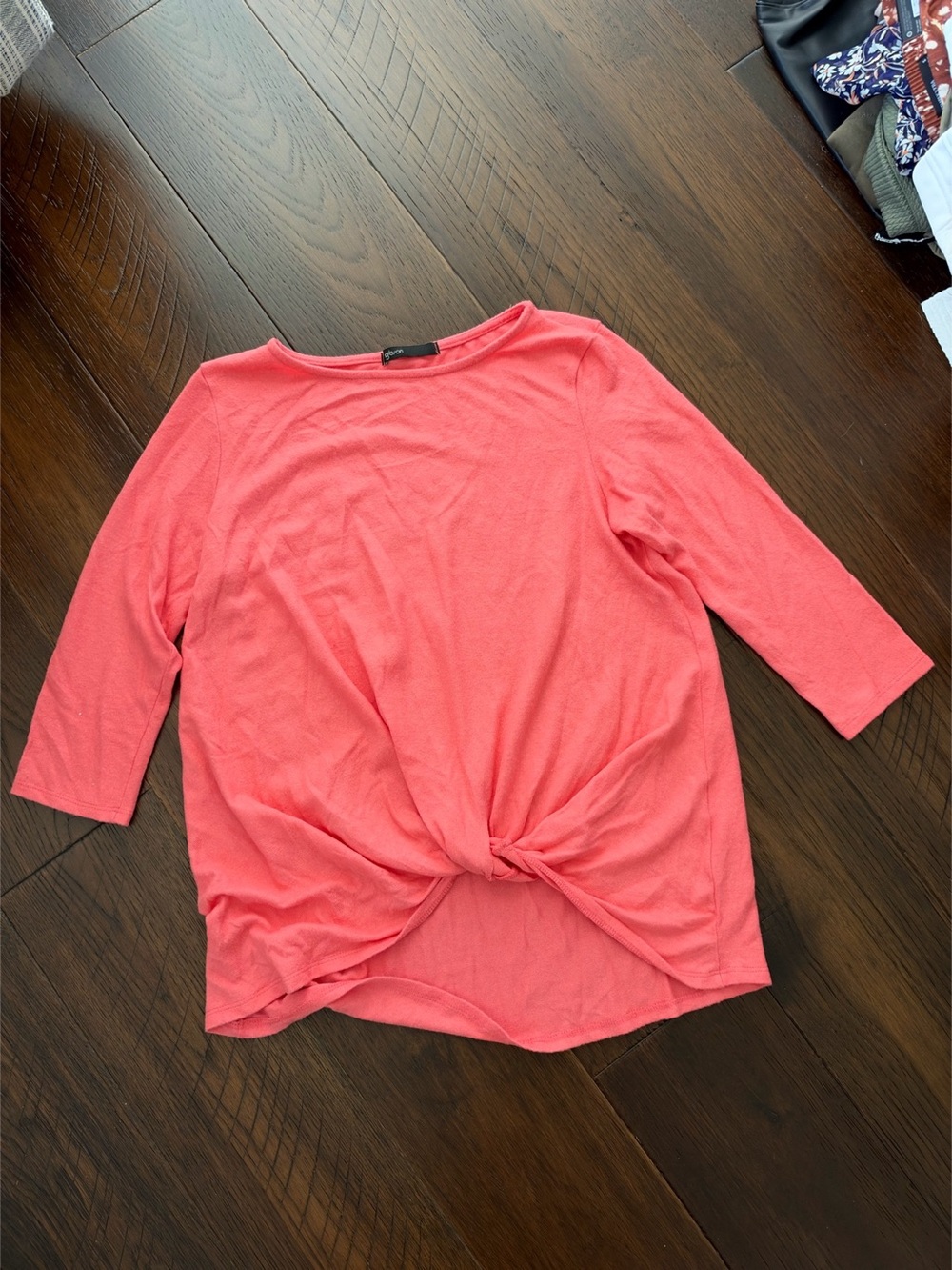 3/4 sleeve twist front fleece top coral sugar